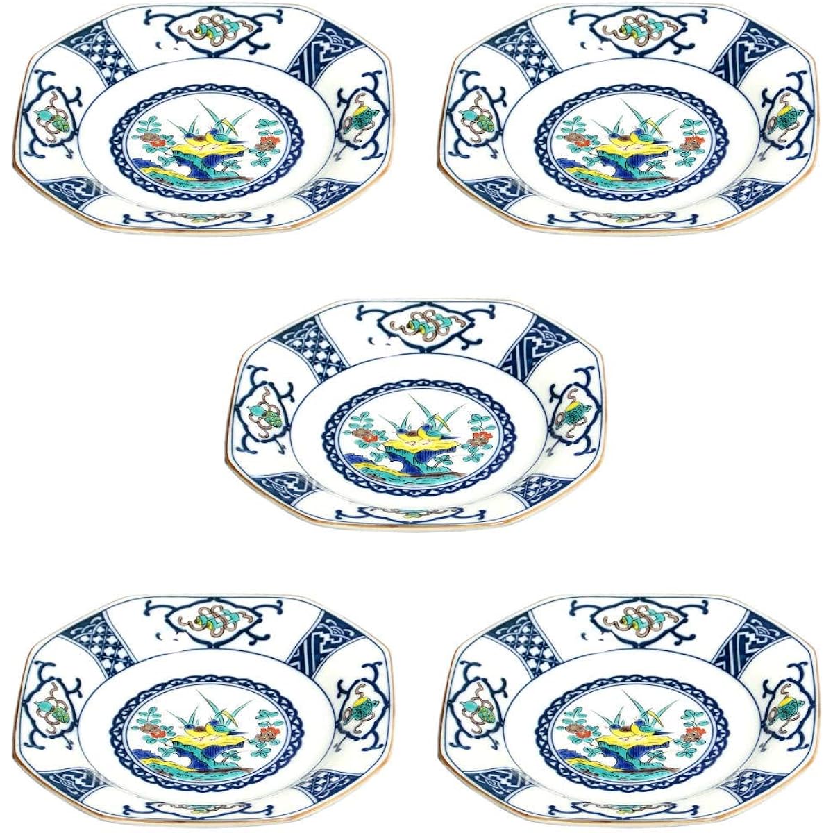Kutani ware Seikaze No. 5 octagonal plate set (set of 5) dyed treasure crest flower bird SH-02