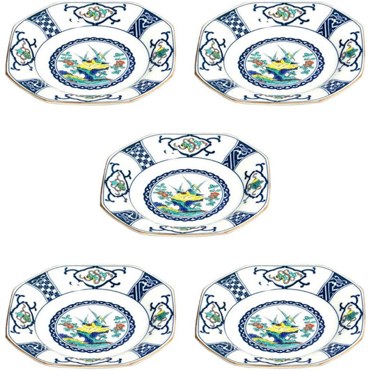 Kutani ware Seikaze No. 5 octagonal plate set (set of 5) dyed treasure crest flower bird SH-02