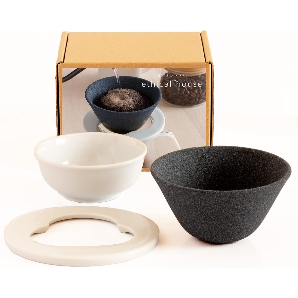 Hasamiyaki New Ceramic Coffee Filter & Dripper | Paper Filterless | Black | Gift Present EthicalHouse (Full Set)