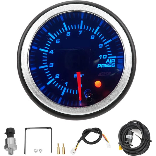 12V Air Suspension Pressure Gauge, ABS Air Pressure Gauge 52mm, 10 Colors 0-10 Bar Stepper Motor Meter with Sensor Backlight LED