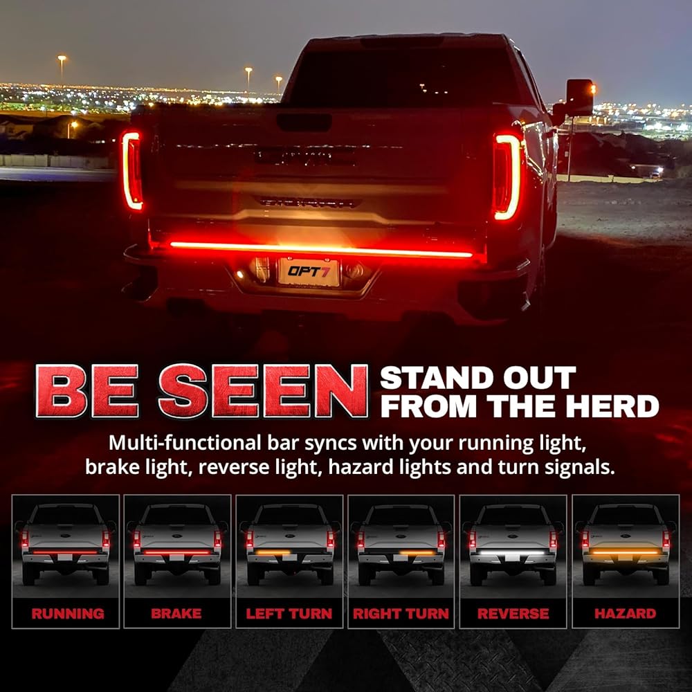 OPT7 60 -inch red line 2 row LED tail gate light bar amber with winker -resistant, hard -resistant aluminum frame truck Light bar drill No need for full function brake running reverse flashing light
