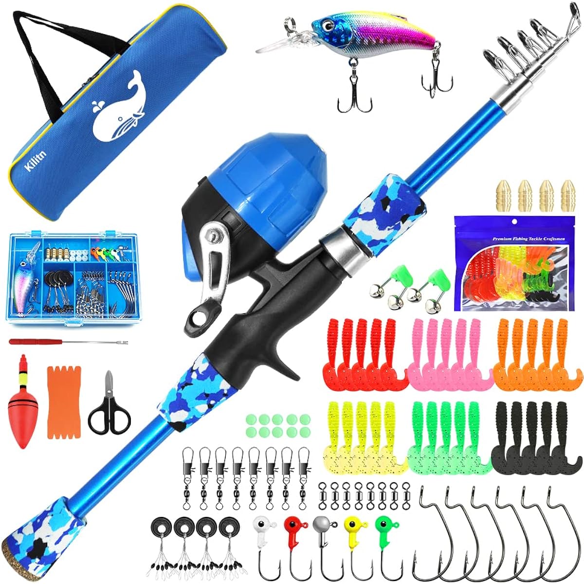 Kilitn Children's Fishing Set, Fishing Rod Set, Compact Rod, Telescoping Fishing Rod & Fishing Reel Set, Includes Fishing Tackle, Fishing Lure, Fishing Tackle Accessories Set, Storage Bag, River Fishing, Sea Fishing, Beginners, Introductory Rod Set
