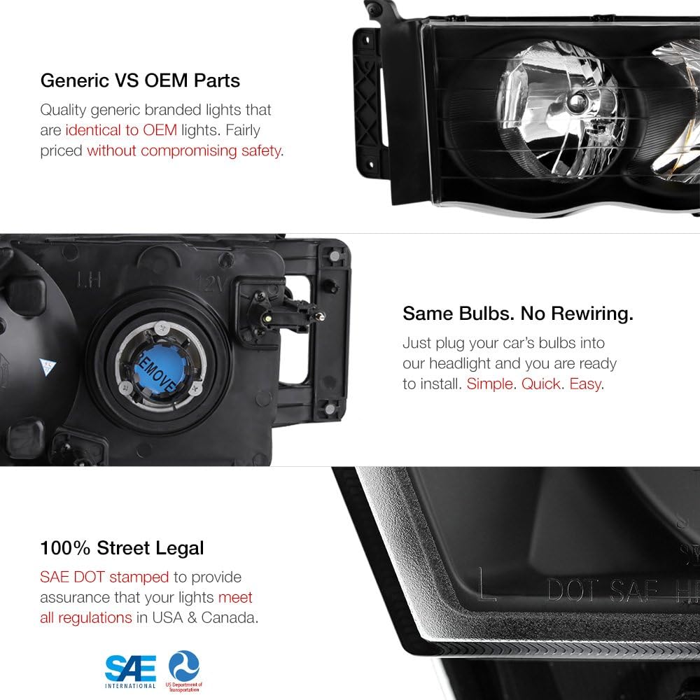 VIPMOTOZ Black Housing OE Style Head Light Head Lamp Acemburi 2002-2005 Dodge Lamb 1500 2500 3500 Pickup truck driver seat & passenger seat side