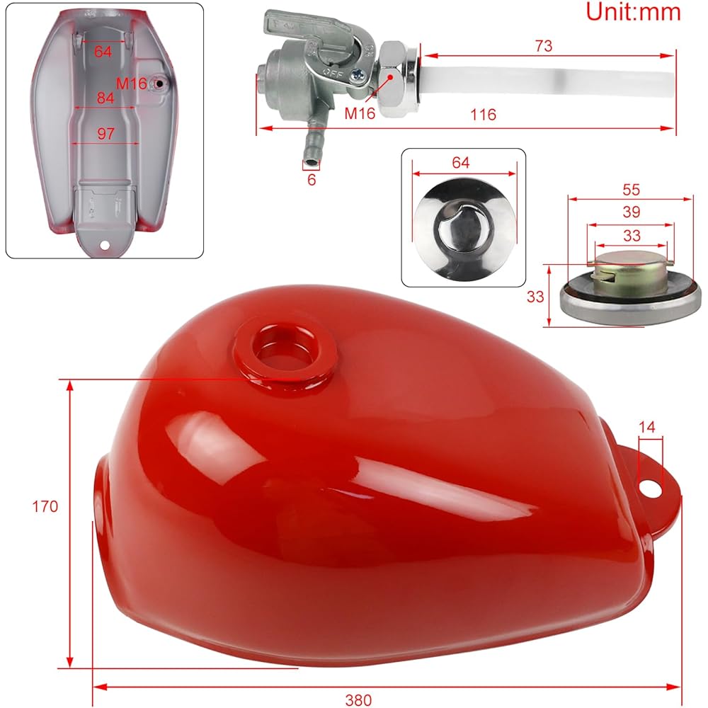 FLYPIG fuel gasoline tank Honda mini trail Z50 Z50J Z50R cap, key, pet cock with 1979-1999 Monkey Z50 Bike Z50R Z50J Bike red color gasoline tank