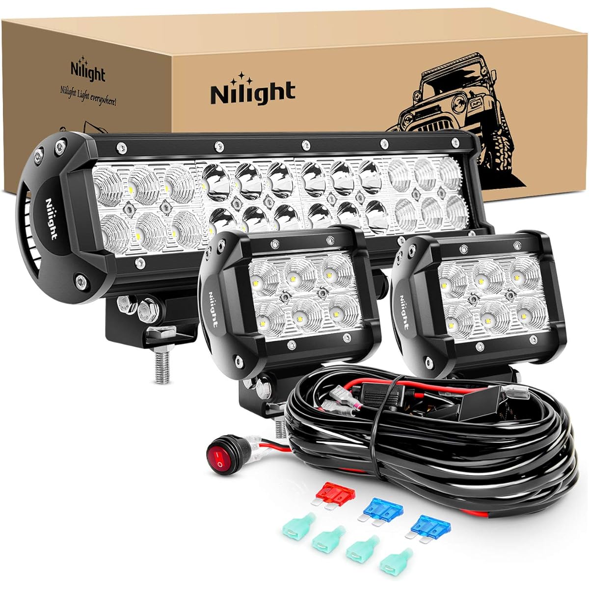 NILIGHT ZH016 12 inch 72W spot combo bar 2 4 inch 18W flood LED fog light off -road wiring harness -2 lead.