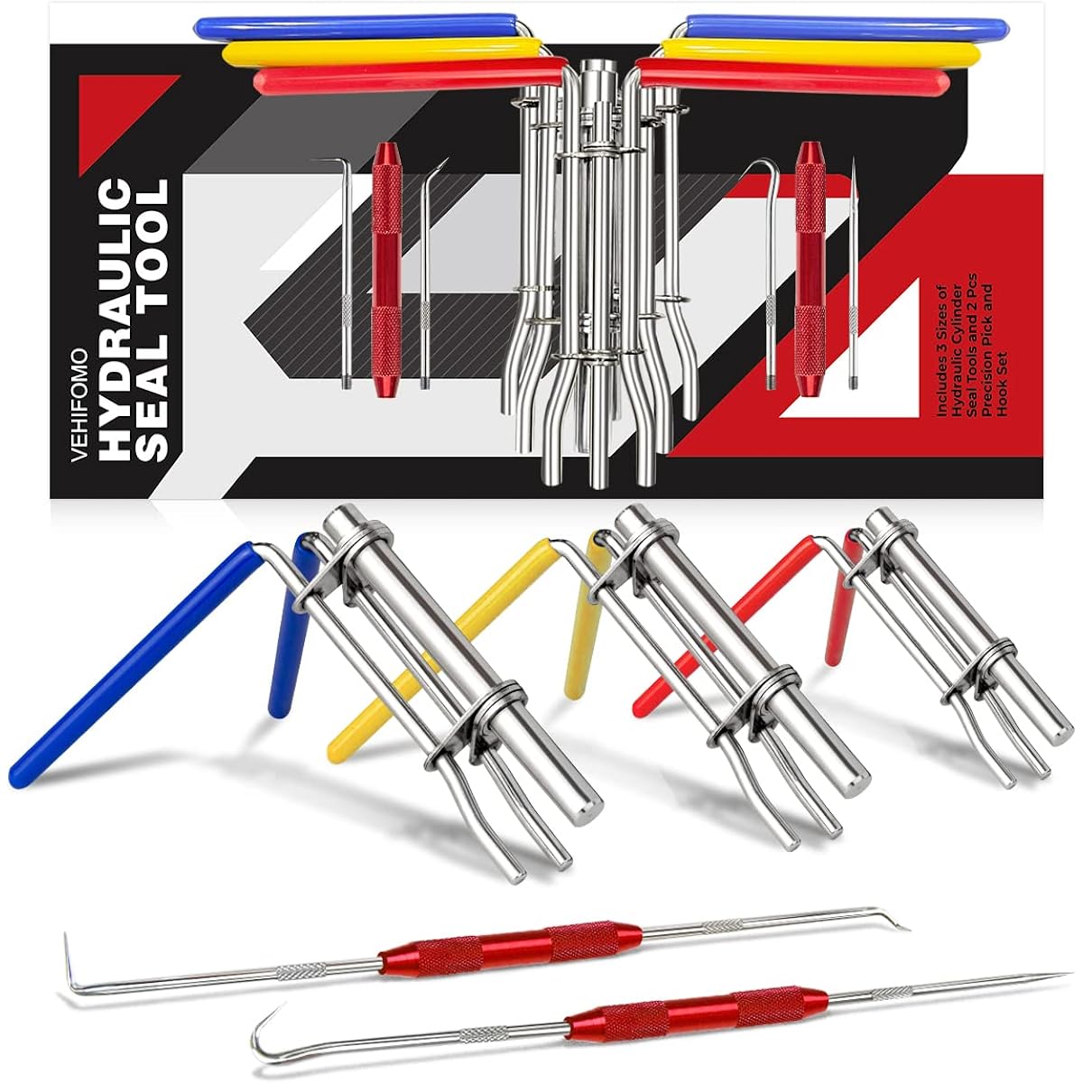 VEHIFOMO 5 hydraulic seal attachment tool kit Tool kit Hydraulic cylinder piston repair seal tool U cup rod seal attached tool kit Upgraded seal twister mounting tool set pick and hook set