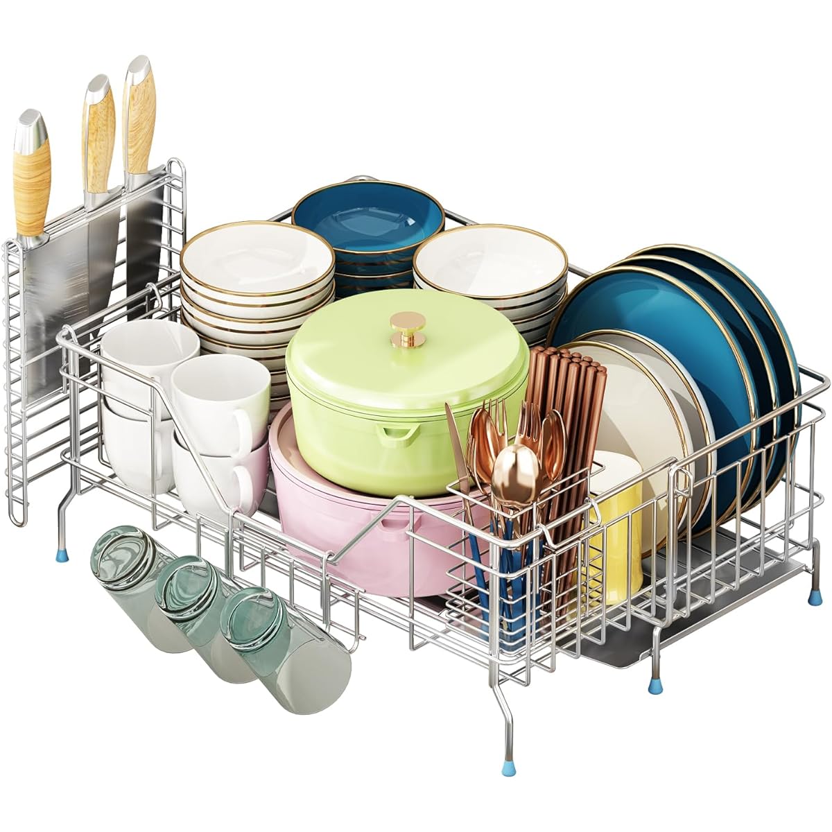 Kaderron Sliding Telescoping Drainer Rack with Chopstick Rest, Knife Holder, 3-Glass Holder, Width 21-37cm x Depth 58cm, Space-Saving Drainer Basket, Stainless Steel (SUS304), Storage Rack Next to the Sink, Kitchen Drainer Basket, Dish Storage