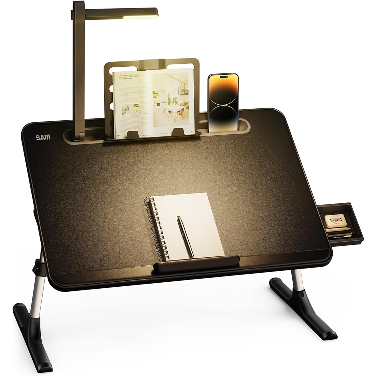 SAIJI Bed Table, LED Light, 3 Levels Brightness Adjustment, Mini Table, Storeable, Folding Table, Laptop Stand, PC Table, Chabu Stand, Book Stand, Angle, Height Adjustment, Drawer Included, 40 kg Load