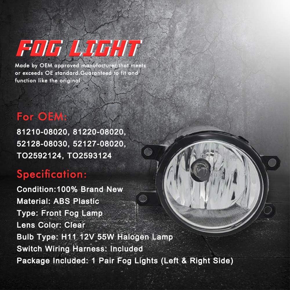 Driving fog light lamp exchanges Toyota Shinna 2011 2012 2015 2016 2016 2016 2017 H11 12V 55W Halogen Light bulb & Switch and Wiring Kit 81210-08020 81220-08020 (Clear Lens)