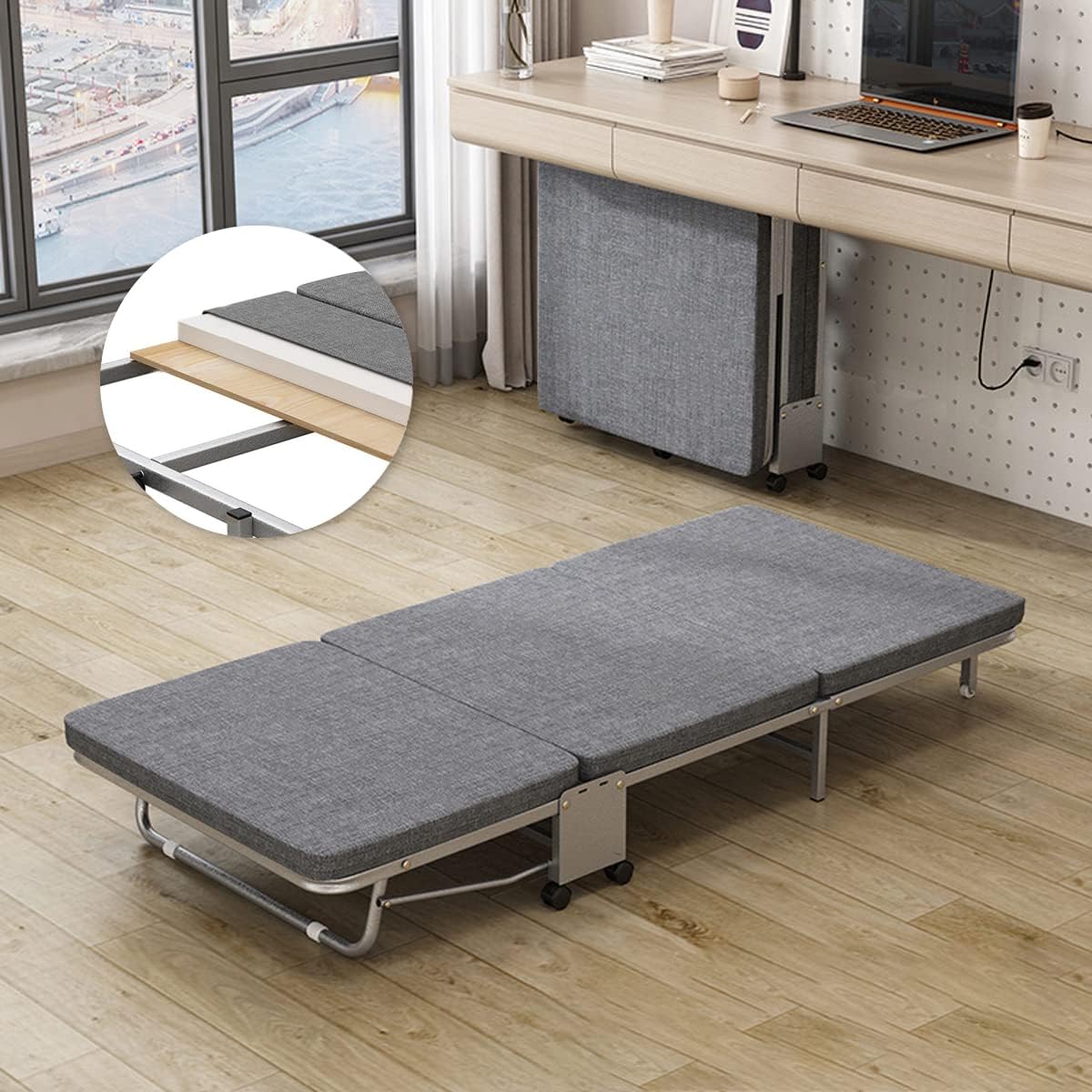 Folding bed, compact, folding bed, single, simple bed, folding, indoor, folding bed, with mattress, folding bed, folding bed, lightweight, small, folding bed single, no assembly required, with casters (length 180cm*width 70cm*height 24cm)