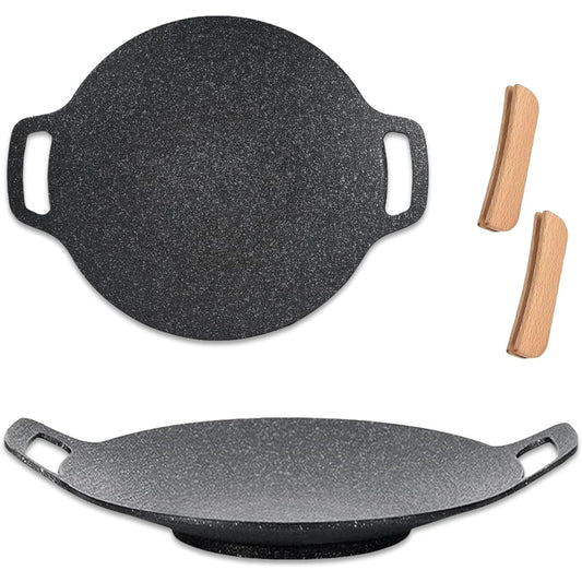 CRIMOCA Multi Griddle with Wooden Handle Cover, 34cm Compatible with Gas, IH, Bonfire, Direct Fire, Lightweight, Barbecue Grill Pan, Multi Grill, Yakiniku Teppanyaki Plate, Outdoor, Camping, Solo Camping, Frying Pan, BBQ