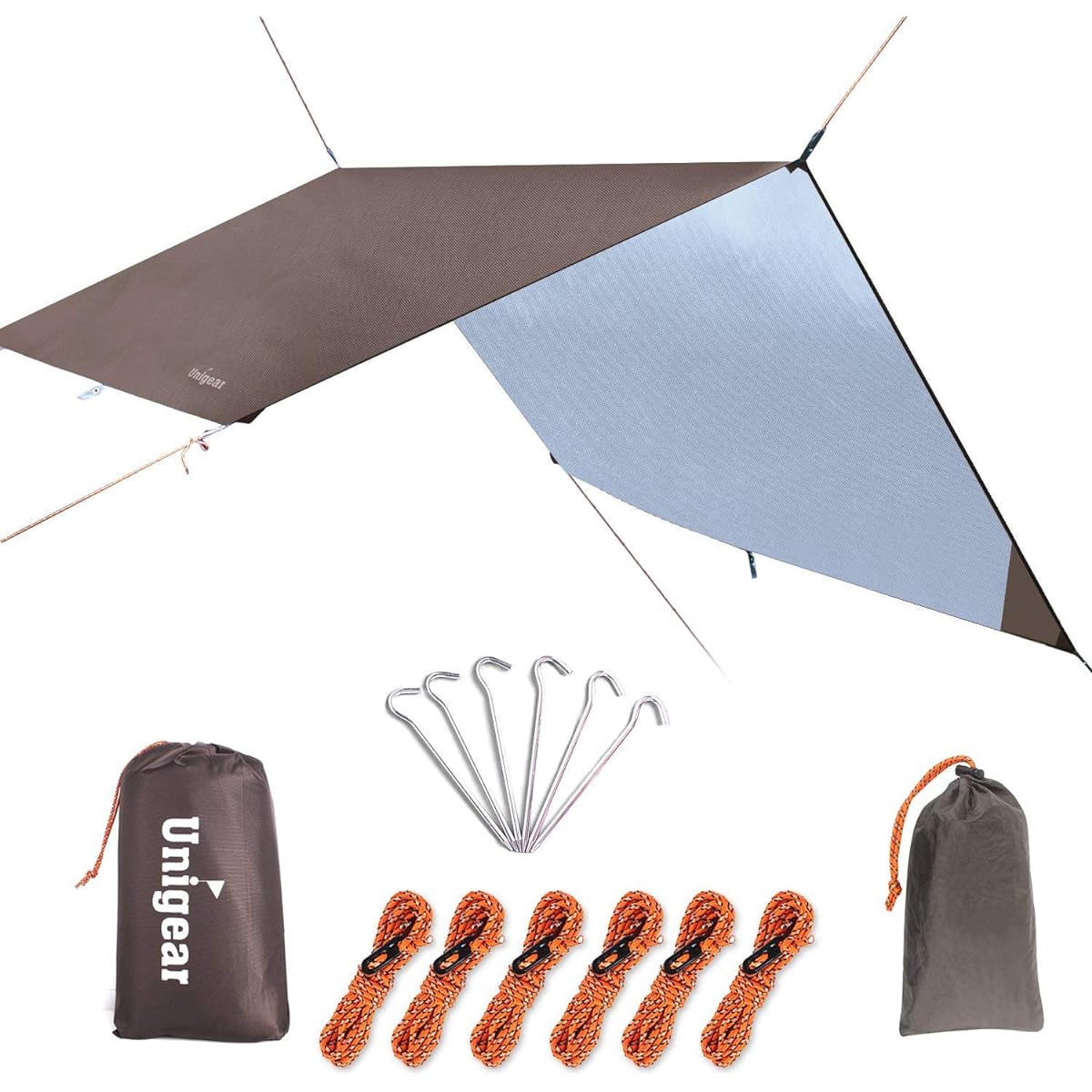 Unigear Waterproof Tarp Camping Tarp Tent Lightweight Sunshade Highly Water Resistant UV Protection Thermal Sun Shelter Portable Awning Shade Outdoor Storage Case Included For 2-6 People 4 Sizes (Brown, M (220*240))