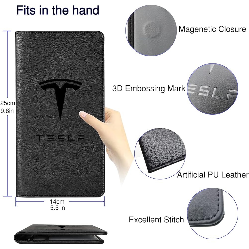 KIKIMO TESLA Automobile Registration and Insurance Holder Artificial PU Leather Registration Holder Model S/3/X/Y In with magnet shut for organizer cards