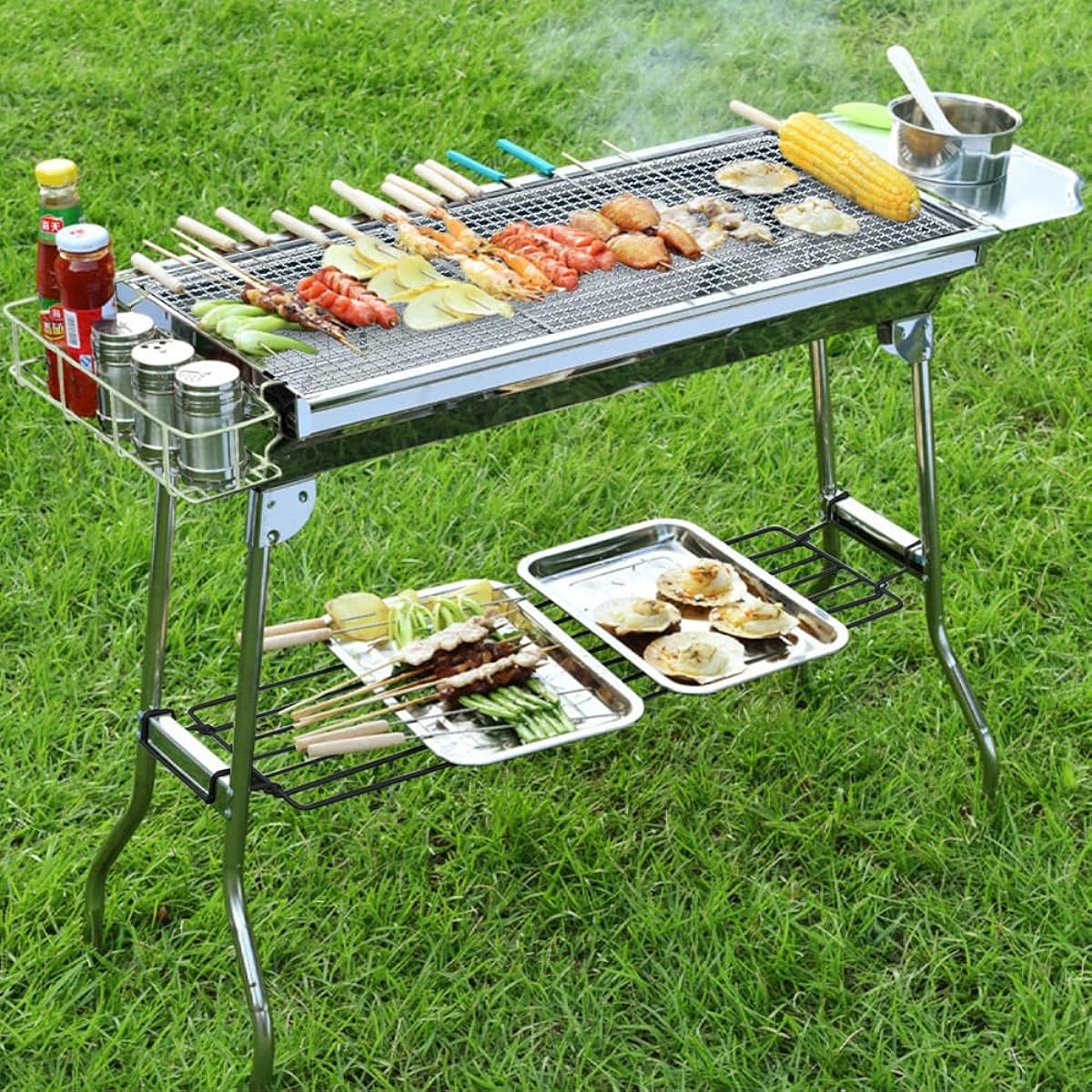 SeatheStars Outdoor Stove Barbecue Foldable Large Lightweight No Assembly Required Stainless Steel Grill Width 73cm Large Group Portable 2 Grills Included Condiment Rack Included