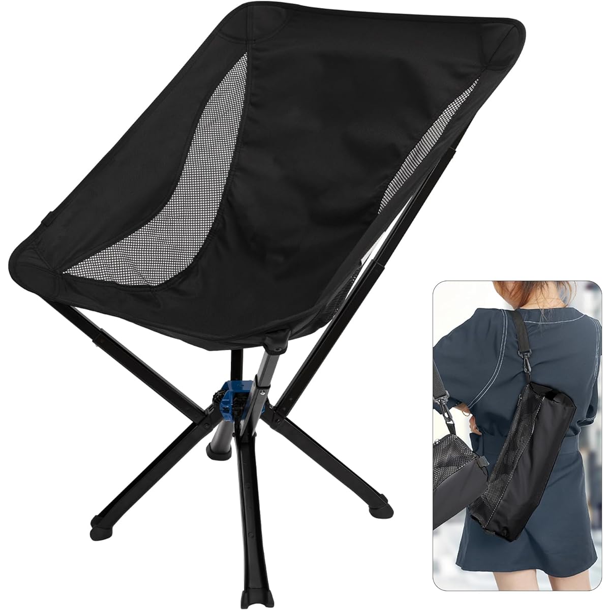 Fundango Outdoor Chair, Compact, Foldable, Lightweight, One-touch Camping Chair, High Back, Portable, Simple, Load Capacity 150kg, Sports Day, Fishing, Picnic, Black