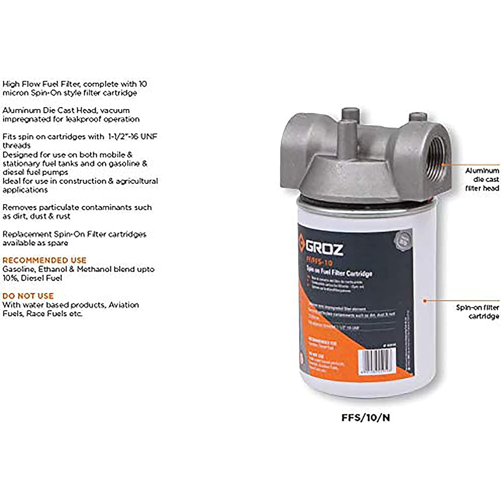 GROZ replacement filter - 10 micron filter spin -on cartridge style | For mobile and fixed fuel tanks | flow rate 25 GPM | maximum used pressure 50PSI (45910)