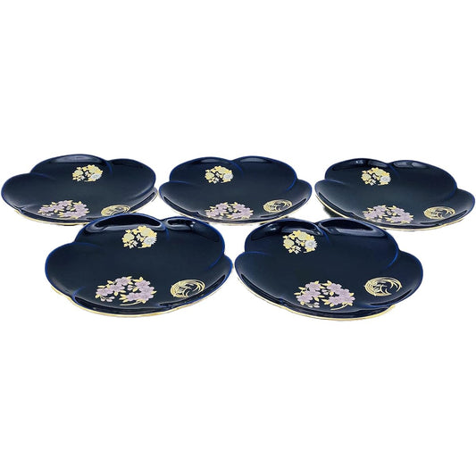 Koransha Mein Plate Ruri Hanamaru Crest Lazuli 12.7cm R3003-FS4 Set of 5