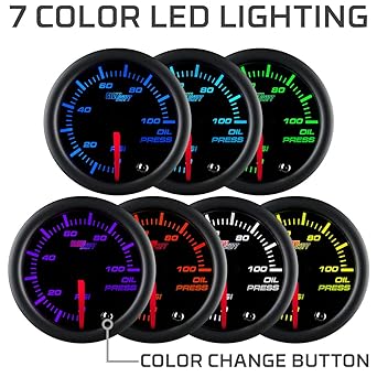 GLOWSHIFT Color 7 Color 100PSI Hydraulic Gauge Kit with Electronic Sensor Black Dial Smoke Lens Car & Truck 2-1/16 inch 52mm