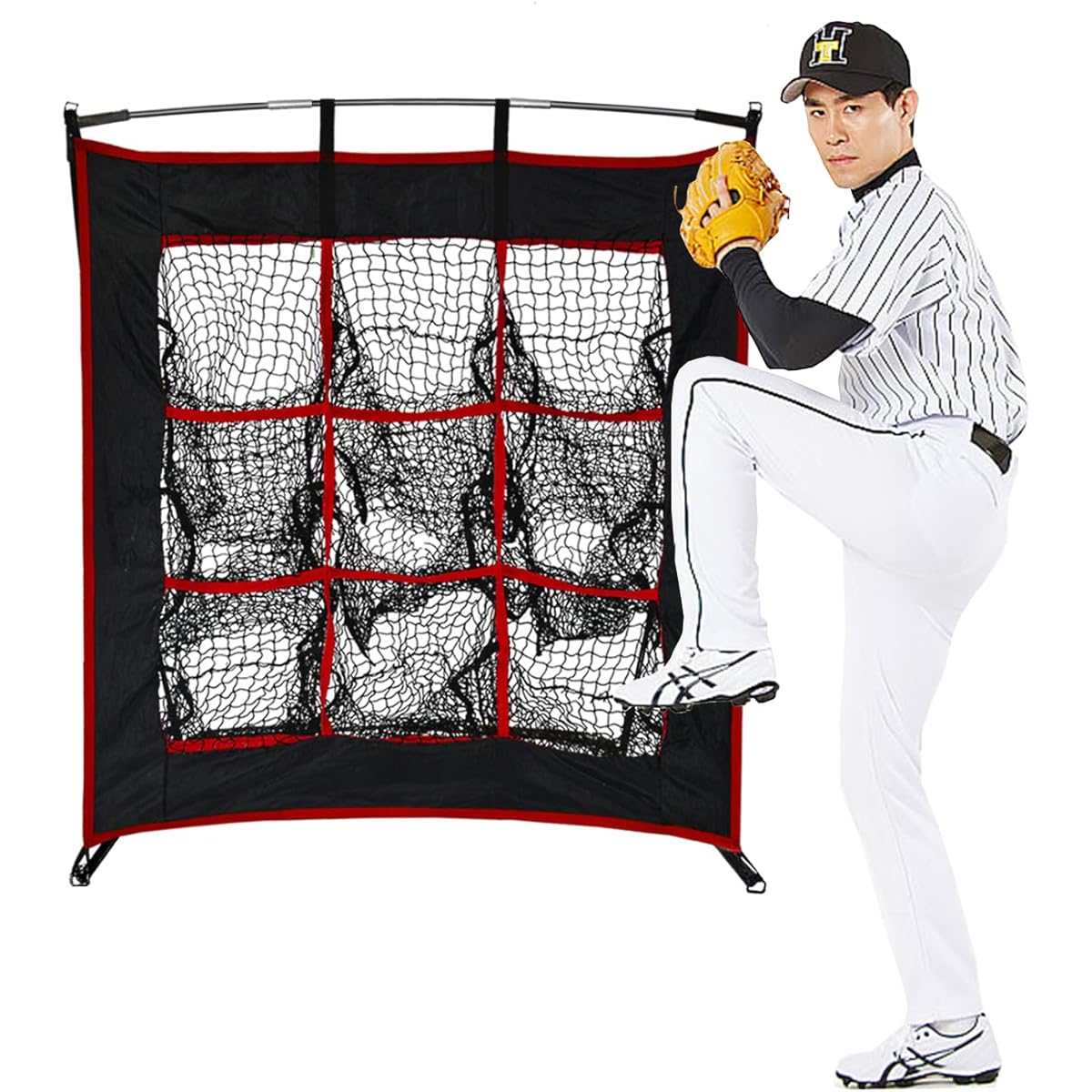 FLITURE Baseball Practice Net 1.2mx0.9m 9 Pockets Baseball Pitching Net Home Struck Out Batting Net Indoor Pitching Target Outdoor Struck Out Carry Bag Included Easy Assembly Waterproof Double Layer Net