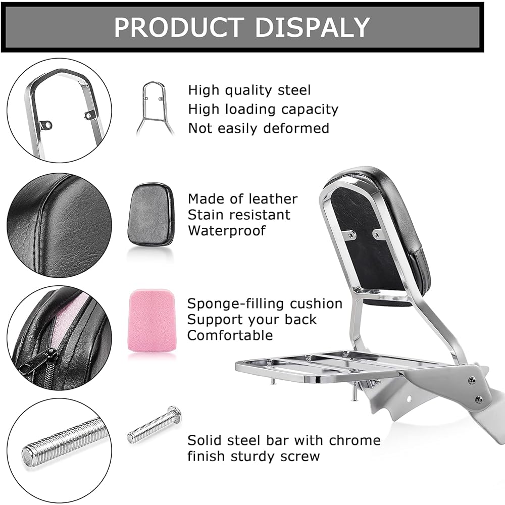 Chrome backrest seabar luggage rack with backrest pad Yamaha V-STAR 650 400 Custom 1996-2011