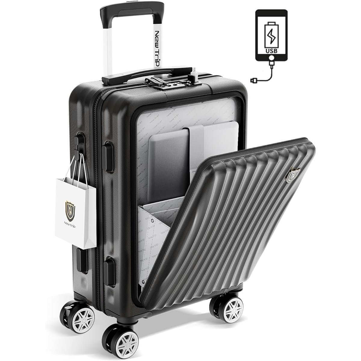 [New Trip] Suitcase, Front Open, Carry-on, Carry Case with Stopper, USB Port, YKK Zipper, TSA Lock, Quiet, Double Casters, Ultra Light, Overseas, Travel, Business, Business Trips, 1-4 Nights, 40 Liters, Small Size, Black