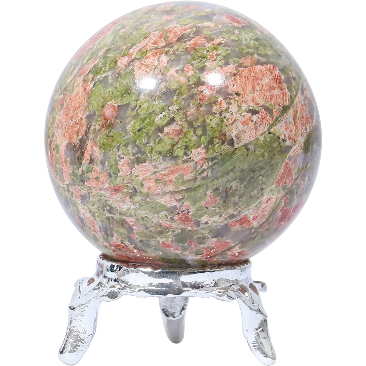 Crocon 50mm Unakite Stone Sphere with Metal Stand, Over 1400 Carats Gemstone Ball Healing Sphere Sculpture Figurine Feng Shui Fortune Telling Home Decor Photography Crystal Sphere