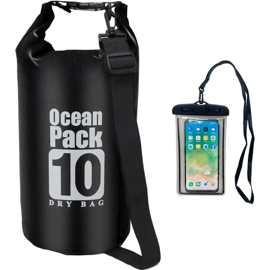 Dry Bag, Waterproof Bag, Waterproof Smartphone Case Included, Backpack, Sea, Fishing, Rafting, Touring (10L, Black)