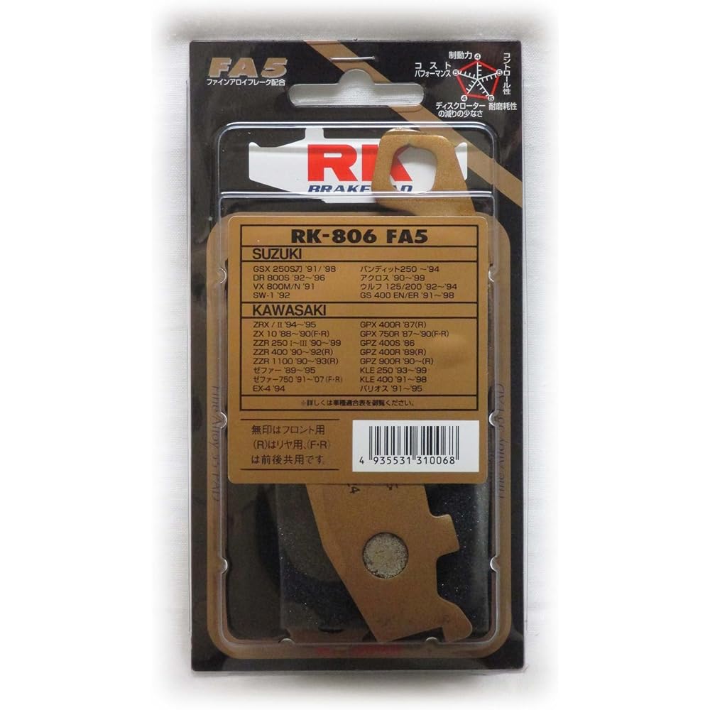RK Brake Pad FINE ALLOY KAWASAKI: GPZ900R '90~ (Rear) etc. Motorcycle Motorcycle 2 Wheel 806FA55