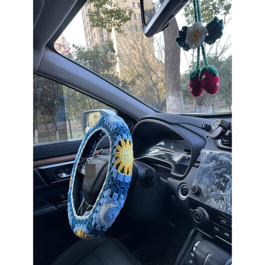 Handmade sticker-knitting sun and moon car handle cover Universal 14-15 inch men and women (handle cover+steering needle knitting strawberry)