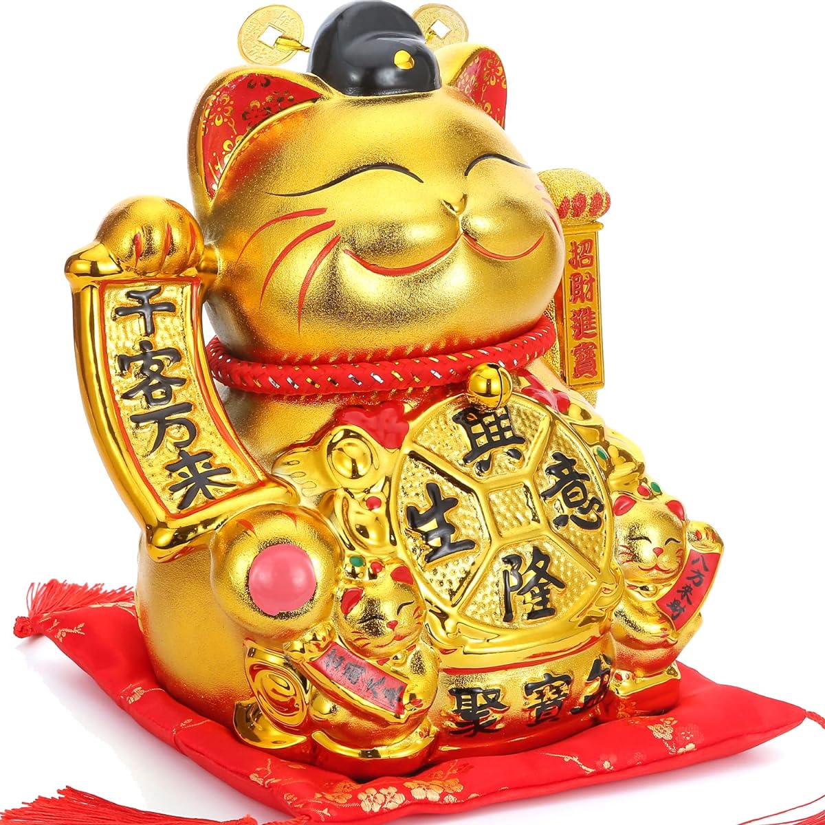 EnergyPower Golden Electric Maneki Neko, Ceramic, Large Premium Model, Zabuton, Battery/USB, Gold, Golden, Maneki Cat, Hand-painted, Cute, Beckoning, Cat, Opening Celebration or Celebration,