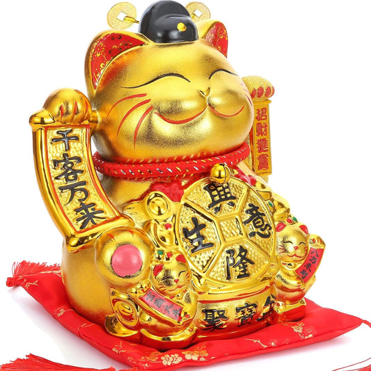 EnergyPower Golden Electric Maneki Neko, Ceramic, Large Premium Model, Zabuton, Battery/USB, Gold, Golden, Maneki Cat, Hand-painted, Cute, Beckoning, Cat, Opening Celebration or Celebration,