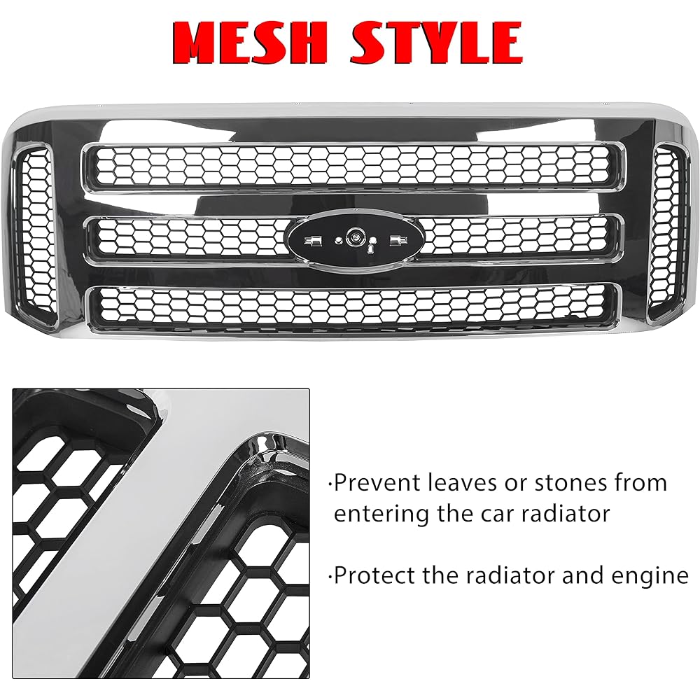 ECOTRIC Front Grill 2006 Style 1999-2004 F250 F350 F450 F550 SUPER DUTY 2000-2004 Exclsion New Grille Chrome