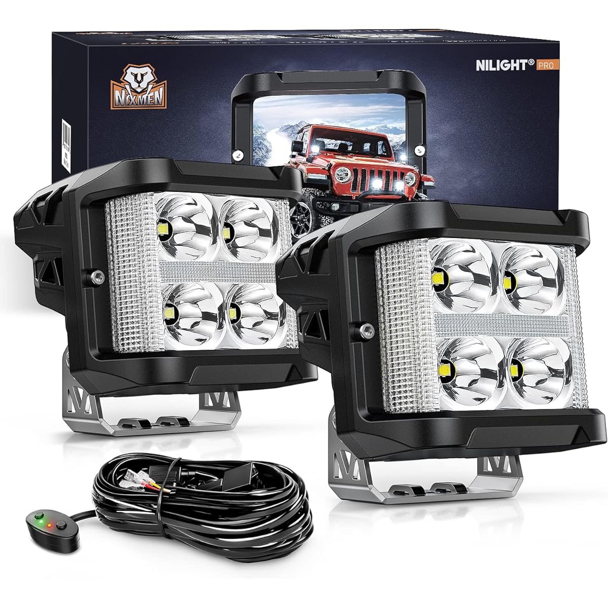 NILIGHT Side Shooter LED Light Pod DRL 4 inch 26W Spot Flood Combo LED Cuvrite 16AWG Wiring Kit Fog Light Driving Light Auxiliary Light Track for ATV UTV