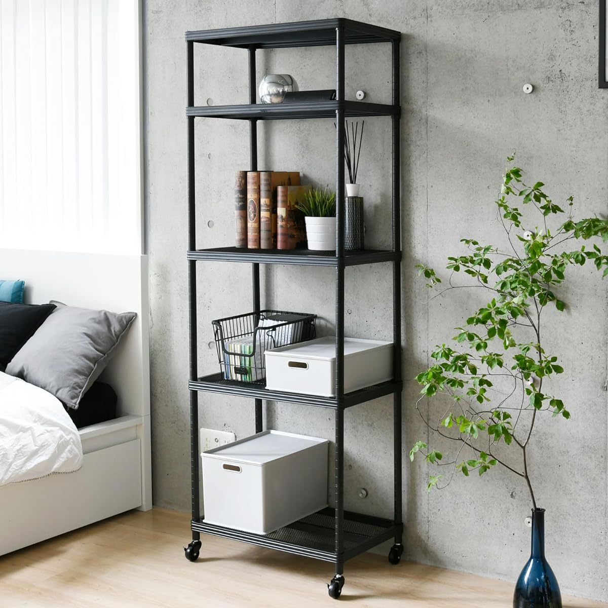 [Yamazen] Rack Shelf 5 Tiers with Casters Overall Load Capacity 150kg (Height Adjustable/Load-resistant Casters) Width 60 x Depth 39 x Height 179cm Kitchen Rack Storage Rack Assembly Black MNR-18605CJ(BK)