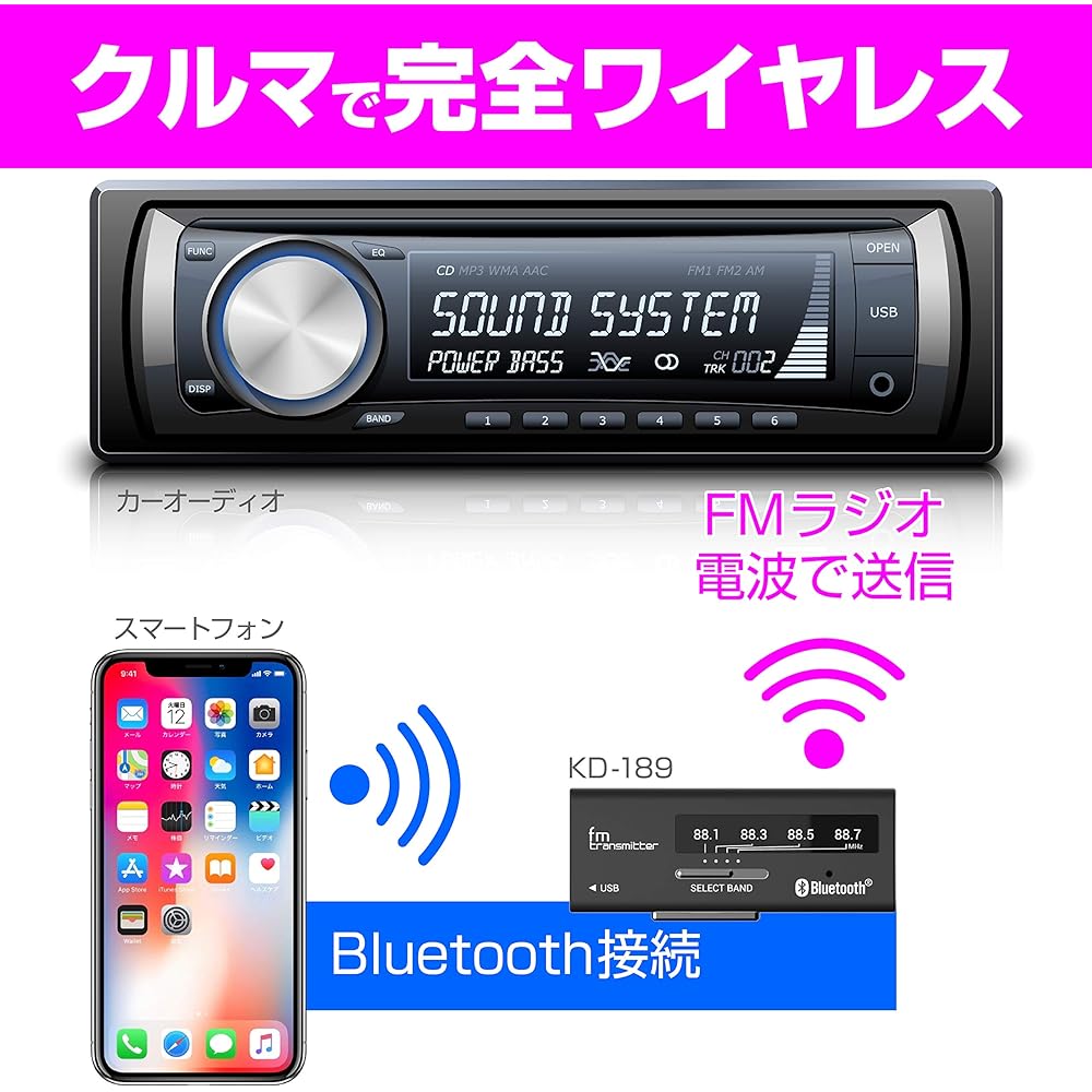 Kashimura Bluetooth FM Transmitter 4 Band USB 1 Port 2.4A Simple Operation Compatible with 12V/24V Cars NKD-189