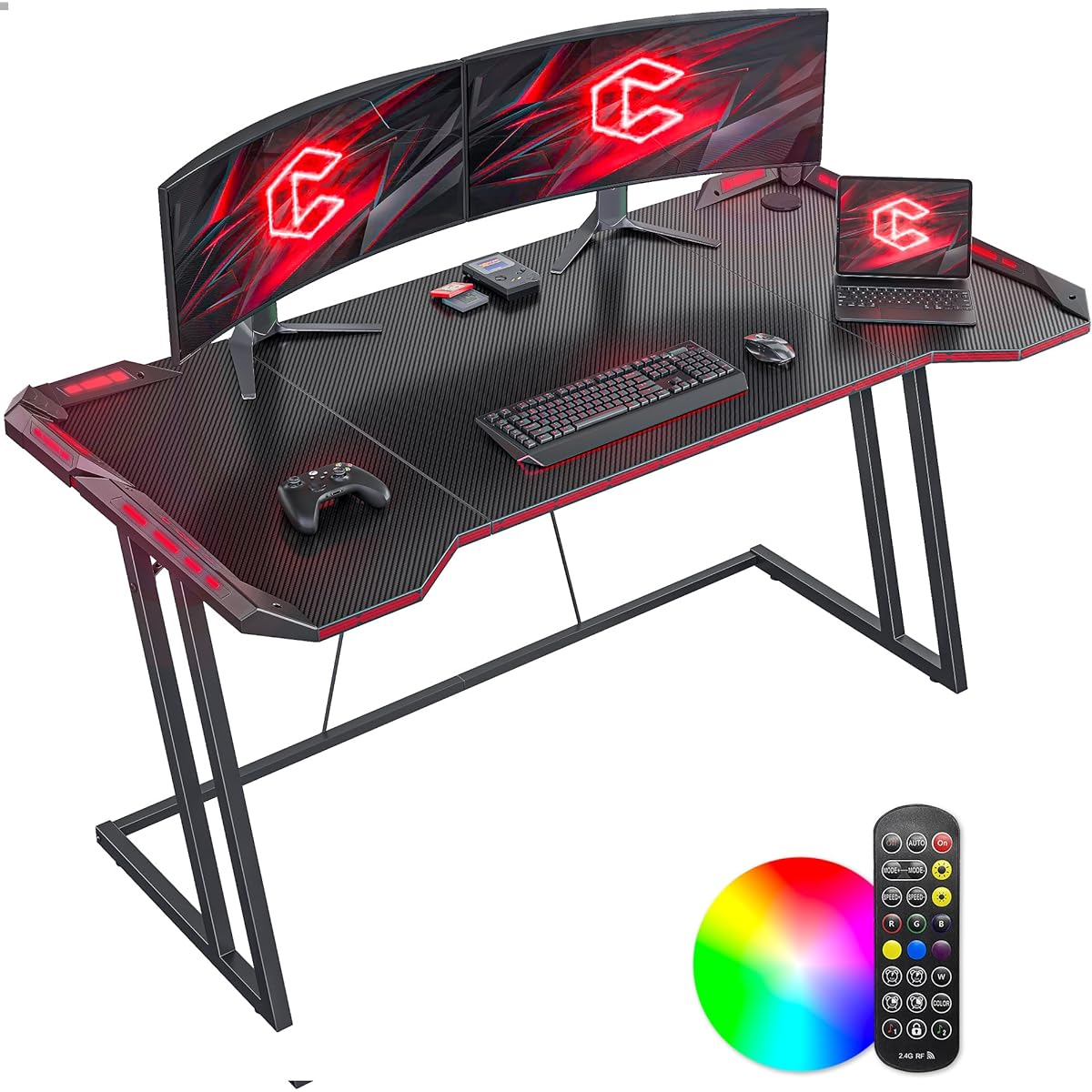 CubiCubi Gaming Desk, Width 140cm x Depth 60cm, with LED, Carbon Fiber Top Board, Easy to Assemble, Sturdy, Gaming Table, Computer Desk, Suitable for Gamers, Desk, Game Play Stability, Stylish, Living Alone, Game Desk, Black