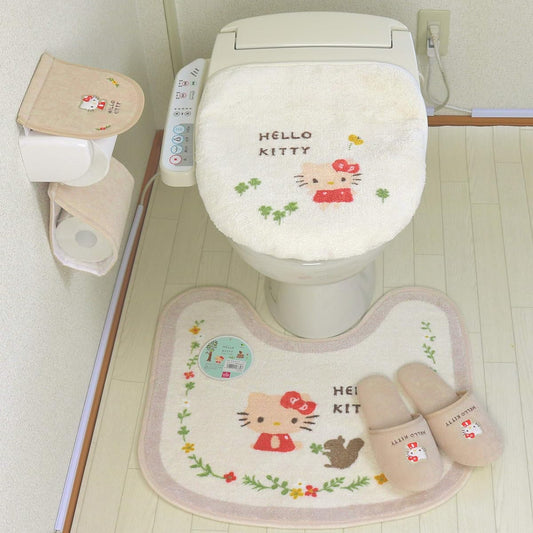 Hello Kitty Toilet Mat Set 4 Pieces Ivory Sanrio Lid Cover Slippers Paper Holder Cover Kitty Oka White Kitty Friend Toilet Mat 4 Piece Set