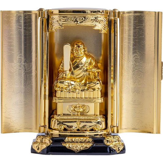 Buddha statue Nichiren Shonin with Zushi (gold plated/24K gold) _ "Nichiren Sect" Rissho Daishi Takaoka copperware (Nichiren Shonin Z)