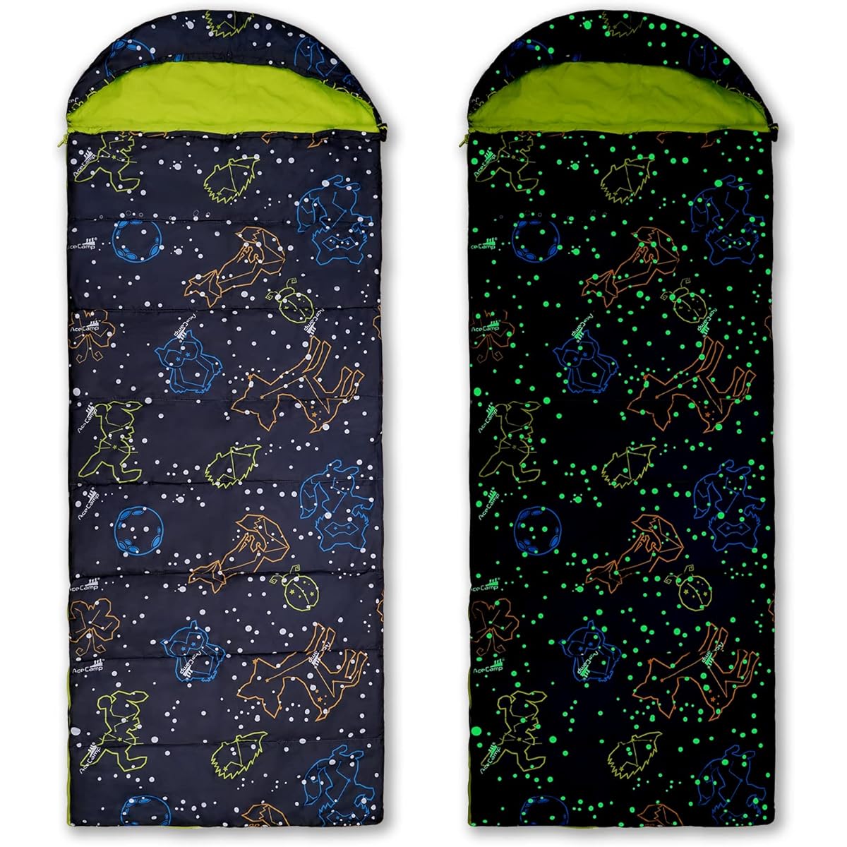 AceCamp Children's Sleeping Bag Glow in the Dark Sleeping Bag for Children and Youth Portable Waterproof Kids Sleeping Bag Suitable for All Seasons, Temperature 10℃/ -1℃ for Camping Hiking Slumber Party
