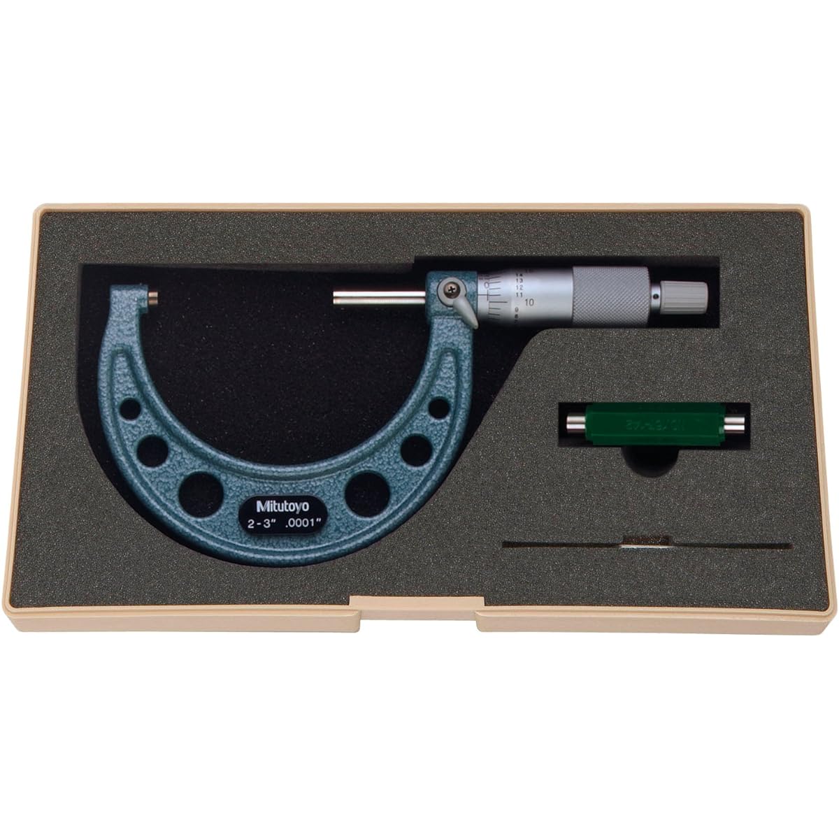 Mitutoyo 103-217 outer micrometer with baking enamel finish ratchet stop range 2-3 inch scale 0 inch accuracy +/- 0 inch