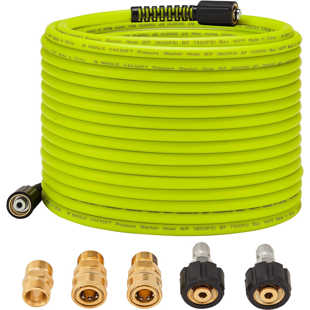 M MINGLE Pressure Washer Hose 50' x 1/4" - Replacement Power Wash Hose with Quick Connect Kit - High Pressure Hose M22 14mm Fittings - 3600PSI