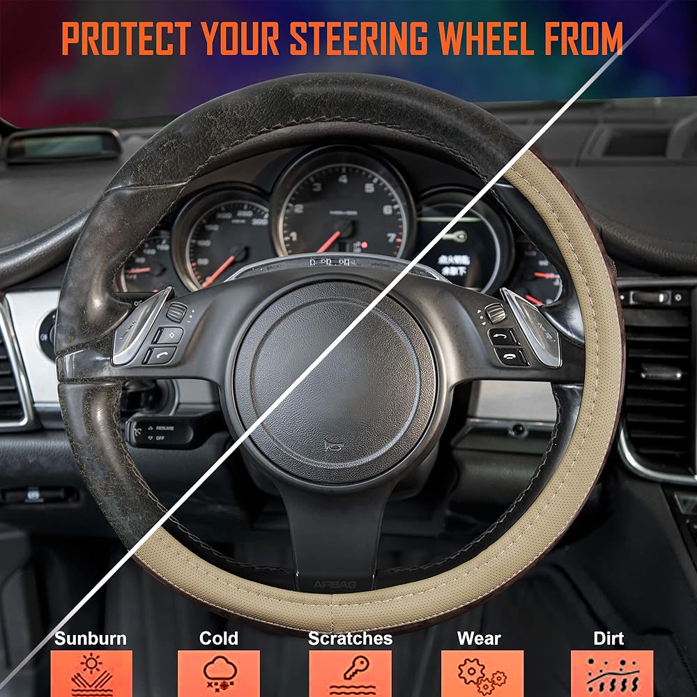 CAR PASS Universal Fit Full Wood Leather Leather Steering Wheel Cover SUV, Truck, Sedan, Slip Prevention Design ... (Black)
