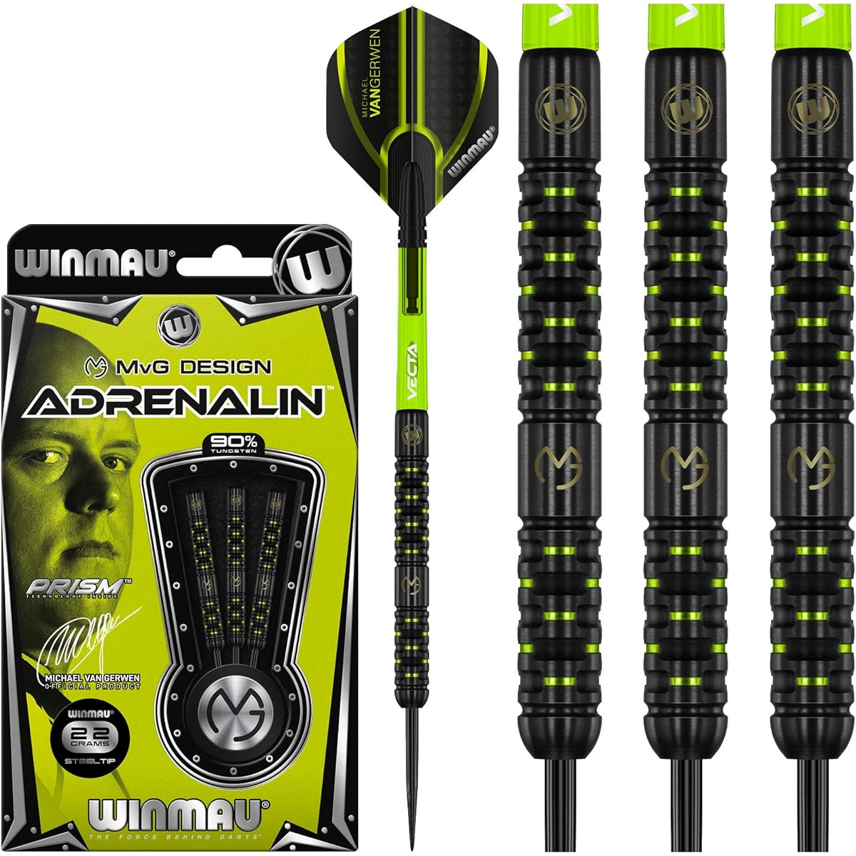 WINMAU Michael van Gerwen MvG Adrenalin Tungsten Steeltip Darts Set 22g with Prism Flights and Vecta Shafts (Stems) 1441-22