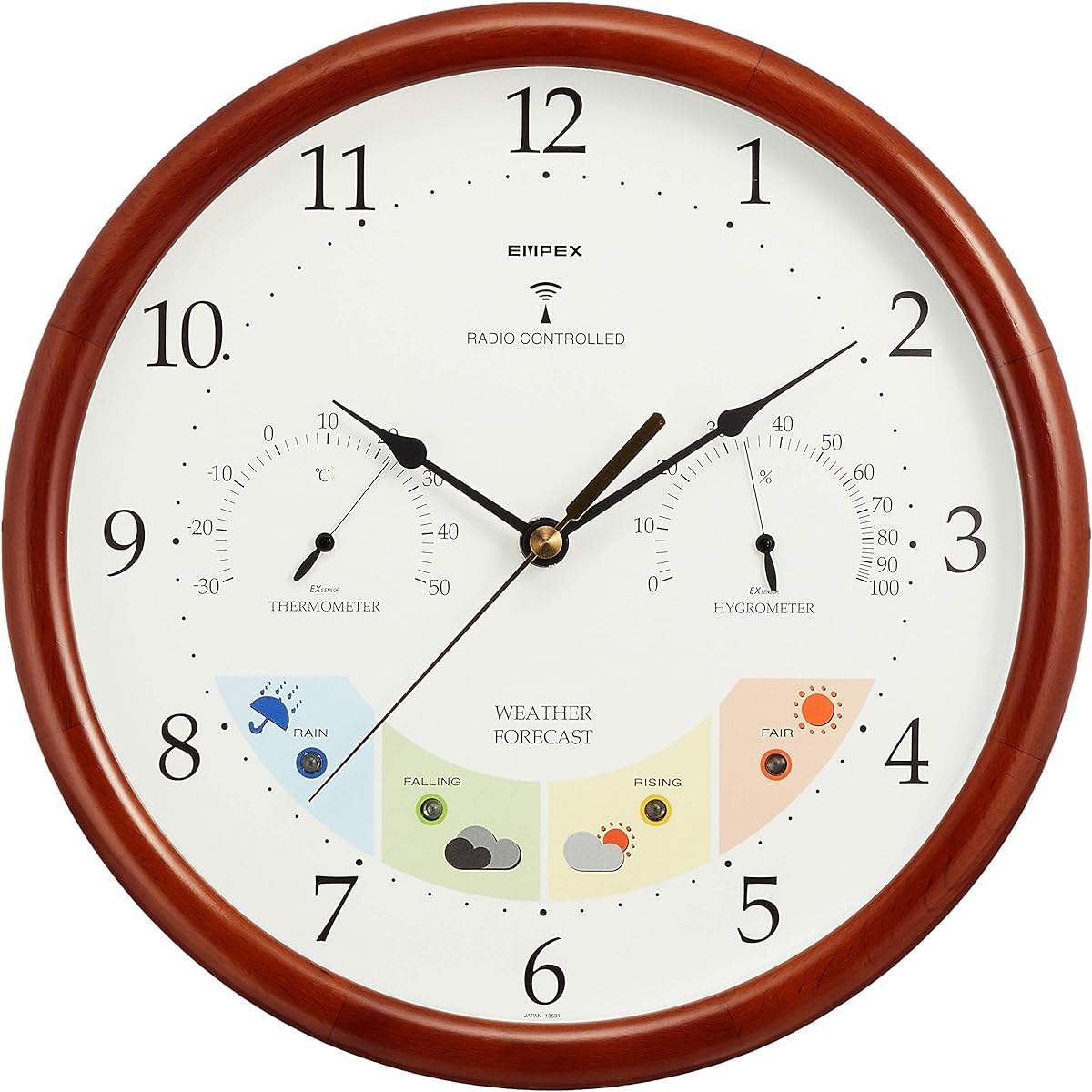 EMPEX Weather Meter Temperature and Hygrometer Weather Pal Radio Clock with Weather Forecast Function for Wall Hanging Made in Japan Brown BW-873 27x27x5.4cm