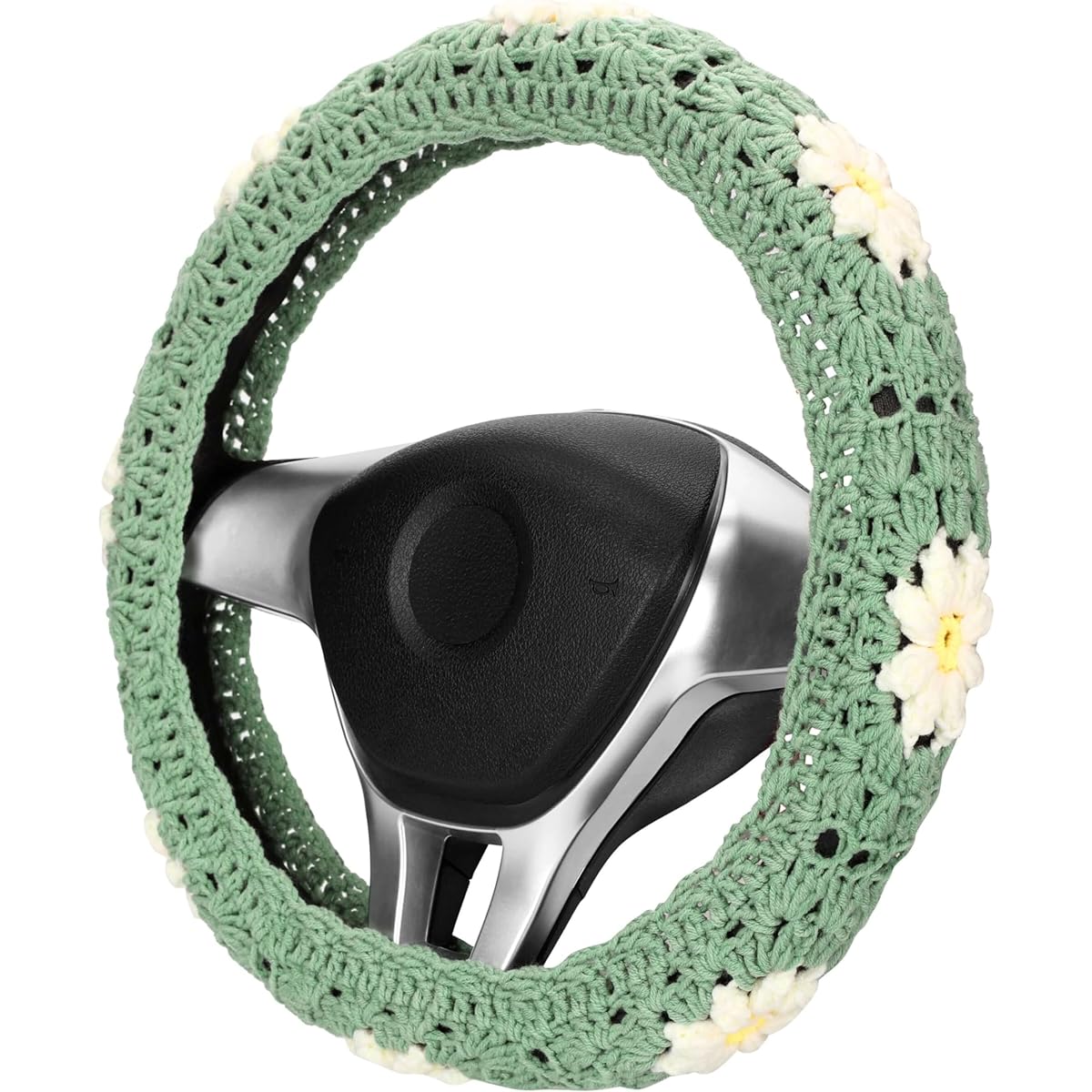 Kag needle handle cover set Cute car handle cover Boho 14-15 inch Handmade Daisy Square Pattern Gift Ladies Car Accessories (Wheel Cover)