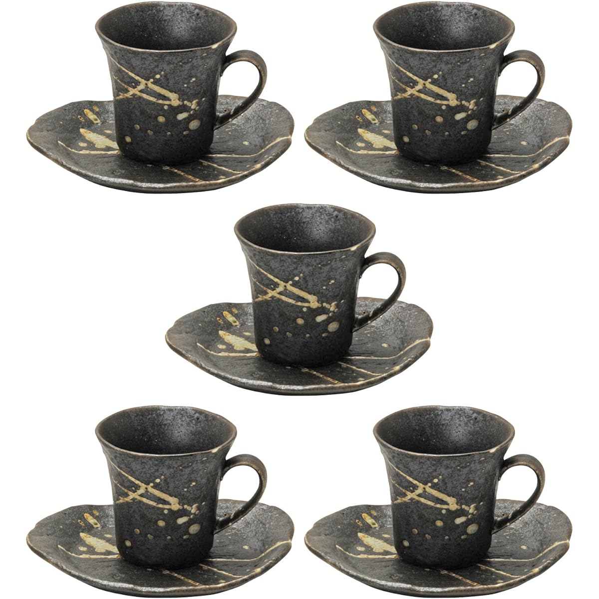 Mino ware coffee bowl and plate set of 5, black brush sink 801-25-41E(5)
