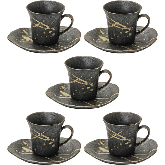 Mino ware coffee bowl and plate set of 5, black brush sink 801-25-41E(5)