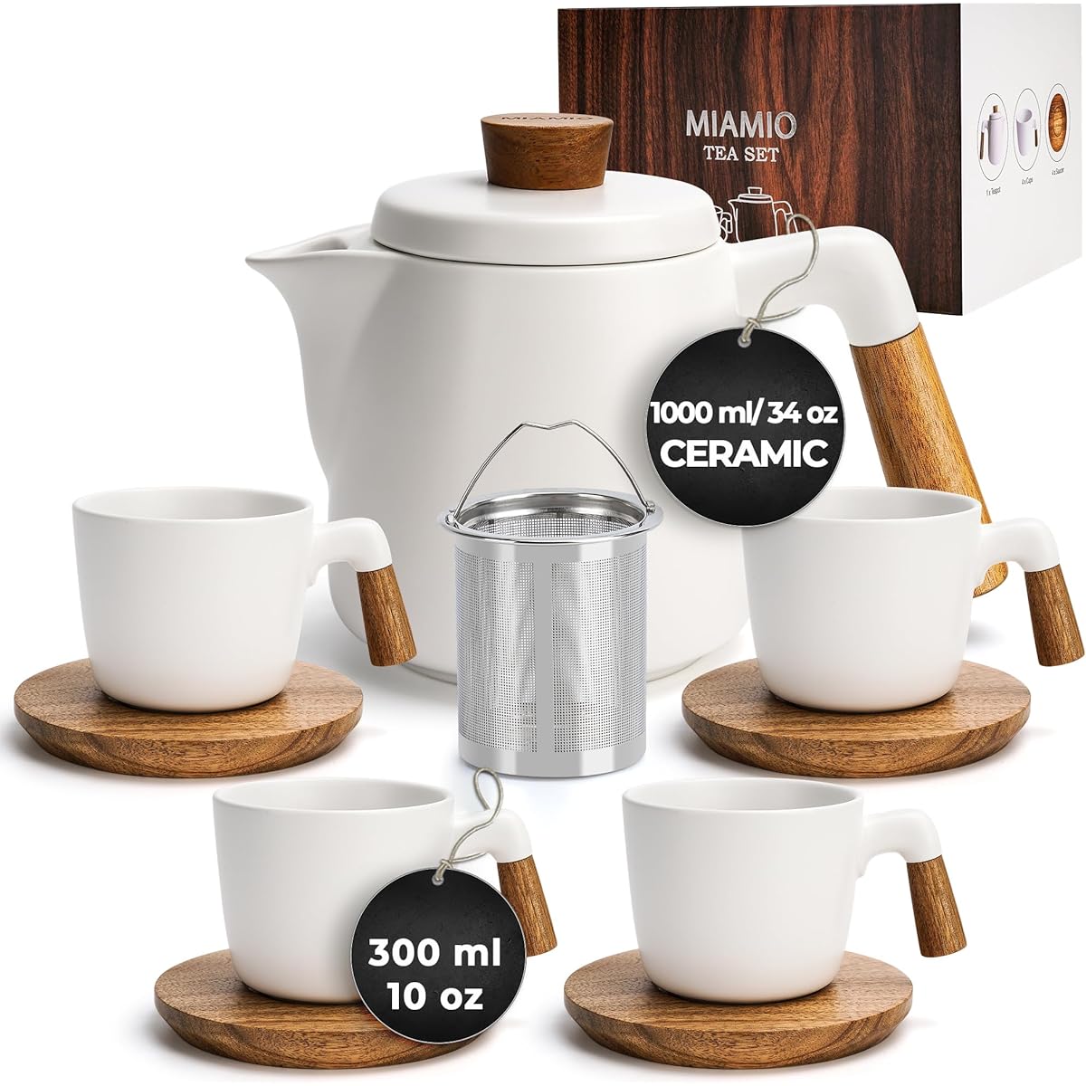 MIAMIO – 1000 ml ceramic teapot set with infuser and cup/tea strainer, 4 ceramic tea mugs (300 ml), bamboo saucer/handle, for home and office use (white)
