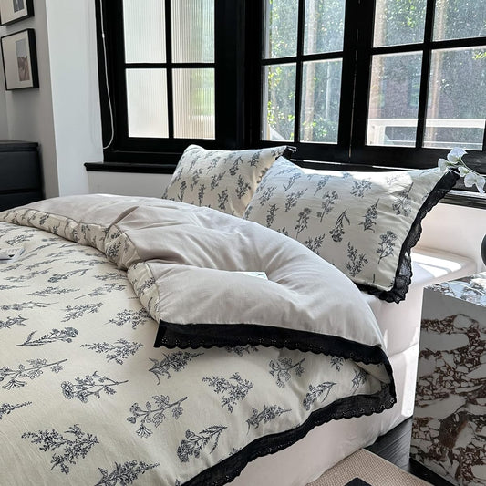 BUKAROOM [Double Cover Set, Double 4 Piece Set] With Ruffles, Double Zipper Duvet Cover, Suitable for All Seasons, For Both Western and Japanese Style, Fitted Sheet, Pillowcase, Bedding Cover, Lightweight, Breathable, Floral Pattern, Stylish, Black Flowe