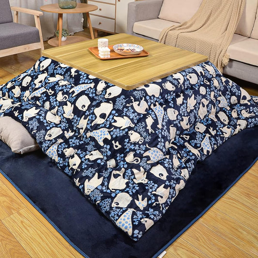 Peto-Raifu Kotatsu Futon, Kotatsu Thick Comforter, Single Comforter, Square, Reversible, Can Be Used on Both Sides, Smooth, Flannel Material, Uses Heat-generating Cotton, Heat Retention, Fully Washable, No Shedding, Animal Pattern, Navy, 185 x 185 cm